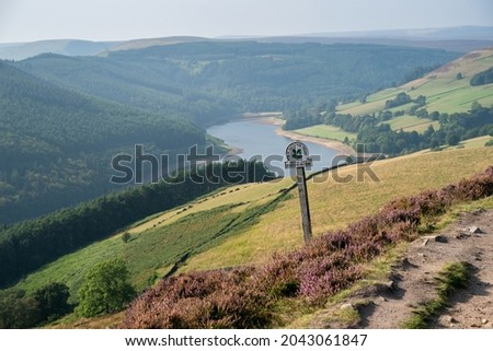 The National Trust sign on a Ladybower Reservoir at the background