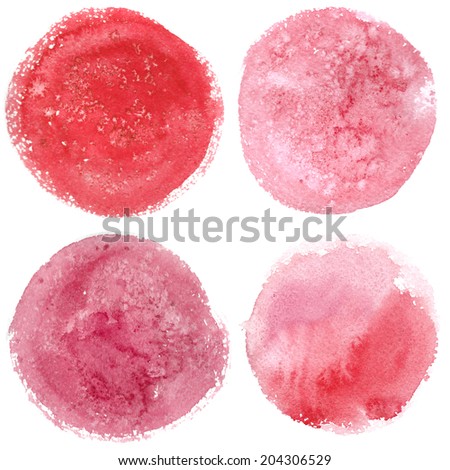Set of watercolor stains and blots on a white background, decorative design elements, circle. Abstract