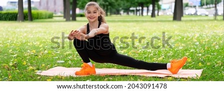 Girl gymnast in the park goes in for sports. Photo series. Banner