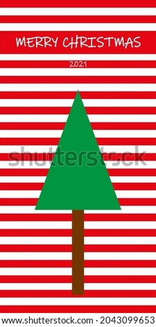 Card with red and white stripes, with phrase Merry Christmas and drawing of a Christmas tree