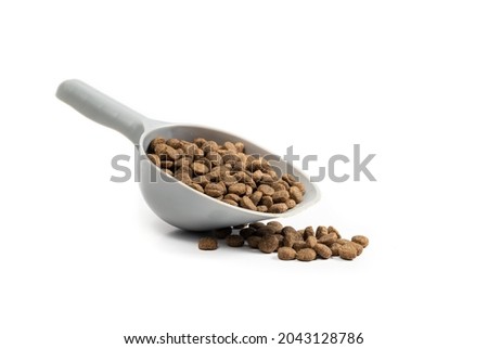Kibbles in measuring cup and some random pieces. 1 cup dry pet food portioned out a medium to large dog. Brown small oval pebbles. Isolated on white. Selective focus. Royalty-Free Stock Photo #2043128786