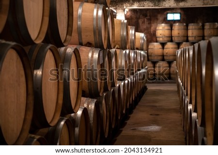 Keeping for years of dry red wine in new oak barrels in caves in Burgundy, made from pinot noir grape, expensive French wine production Royalty-Free Stock Photo #2043134921