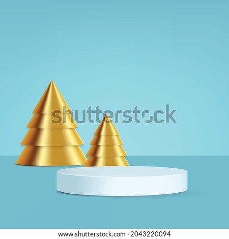Modern podium with golden christmas trees on the background Vector