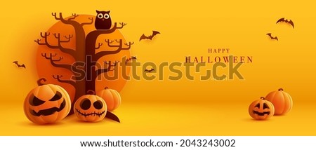 3D illustration of Halloween theme banner with group of Jack O Lantern pumpkin and paper graphic style of spooky tree and owl on background.  Royalty-Free Stock Photo #2043243002
