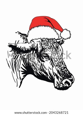 Vector portrait of cow in Santa Claus hat, new year illustration on white background, element for buchery in holidays