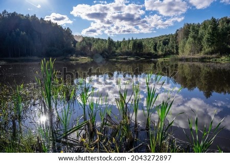 Fabulous park landscape. Lake reflects nature. Forest and clouds of blue sky are visible in the water. Morning beautiful day in the park. Natural landscape is impressive.
