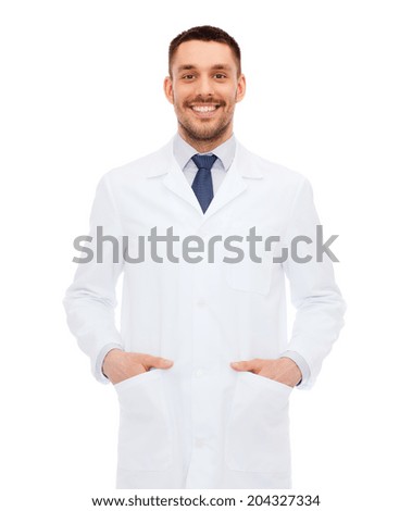 healthcare, profession and medicine concept - smiling male doctor in white coat over white background Royalty-Free Stock Photo #204327334
