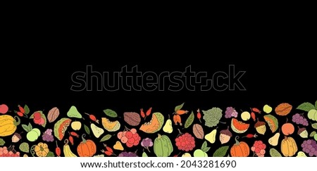 Autumn border. Thanksgiving background. Color autumn leaves fall hand drawn icon on white. Leaves, dog rose, pumpkins, apples, berries, nuts. Hand drawn autumn frame, banner. Pumpkins, leaf fall.