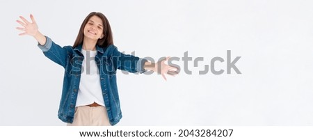 Come let me hug you. Portrait friendly-looking attractive female friend give warm welcome wanna embrace cuddle, extend arms sideways smiling broadly greeting guests, white background