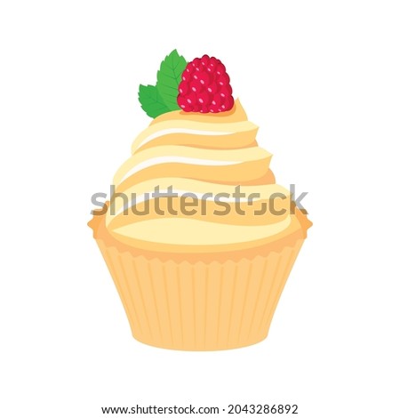 Creamy vanilla cupcake with raspberry and mint leaf icon vector. Delicious vanilla cupcake icon isolated on a white background. Cake with vanilla cream and berry fruit vector