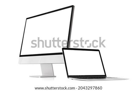 Modern desktop and laptop computers isolated on white background Royalty-Free Stock Photo #2043297860