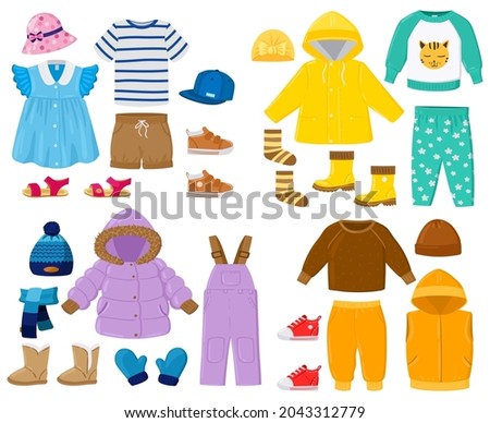 Cartoon kids seasonal winter, spring, summer, fall clothes. Puffer jacket, pants, shirt, sandals childrens outfits vector illustration set. Baby seasonal clothes. Clothing season winter and spring Royalty-Free Stock Photo #2043312779