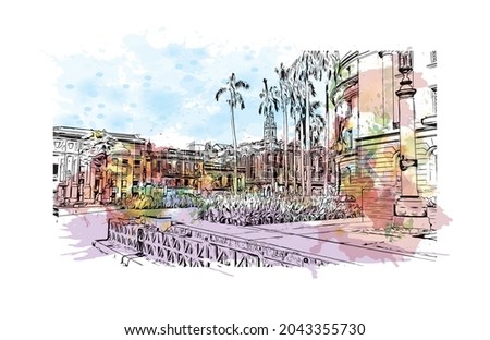 Building view with landmark of Havana is the 
capital of Cuba. Watercolor splash with hand drawn sketch illustration in vector.
