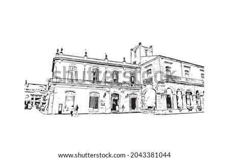 Building view with landmark of Havana is the 
capital of Cuba. Hand drawn sketch illustration in vector.