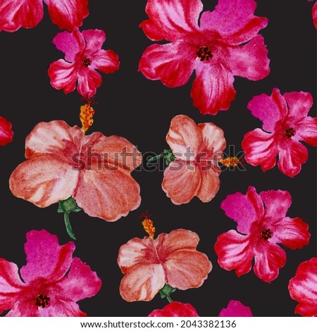 Pink Hibiscus Design. Orange Flower Illustration. Red Seamless Plant. Purple Vintage Illustration. Pattern Textile. Watercolor Wallpaper. Tropical Illustration.Exotic Texture