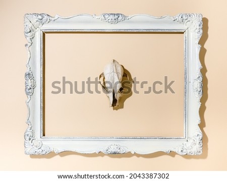 Vintage retro white picture frame with an animal skull head in the middle on pastel beige background. Death, spooky and horror art idea. Creative Halloween or Santa Muerte concept. Flat lay.