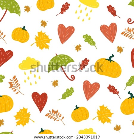 autumn hand drawn cartoon seamless pattern with autumn leaves, cloud, forest, heart, pumpkin, umbrella. garden, harvest. stock vector pattern illustration isolated on white background.