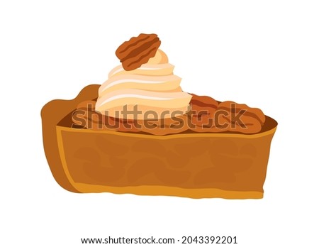 Slice of pecan pie with whipped cream icon vector. Delicious pecan pie icon isolated on a white background. Cake with pecans nuts vector