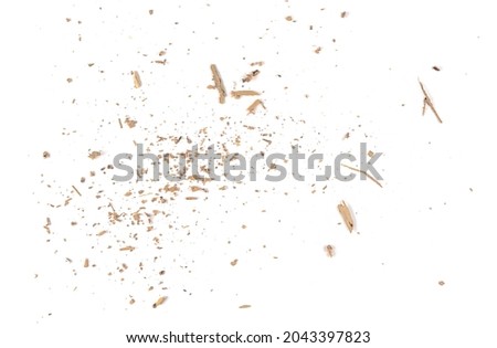 Wood pieces, curls and dust, crushed tree bark isolated on white background, organic texture, top view Royalty-Free Stock Photo #2043397823
