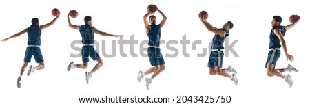 Collage of sportive african male basketball player in motion and action isolated ove white studio background. Concept of healthy lifestyle, professional sport, hobby, power and strength Royalty-Free Stock Photo #2043425750