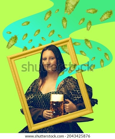 Comparison of eras, female gaze on beer fest. Contemporary art collage, modern design. Concept of festival, holidays, national traditions, drinks and snacks, oktoberfest, ad and sales. Medieval person