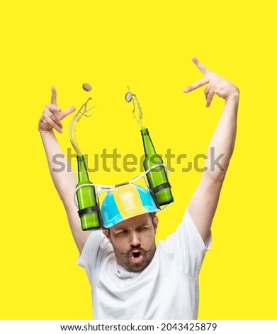 Cute, funny hipster, football fan in beer cap. Contemporary art collage, modern design. Concept of festival, holidays, national traditions, drinks and snacks, oktoberfest, ad and sales. Party time
