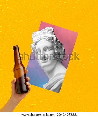 Comparison of eras. Contemporary art collage, modern design. Concept of festival, holidays, national traditions, drinks and snacks, oktoberfest, ad and sales. Bust of ancient statue and bottle of beer