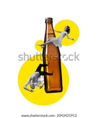Beer party time. Contemporary art collage, modern design. Concept of festival, holidays, national traditions, drinks and snacks, oktoberfest, ad and sales. Young man and woman having fun