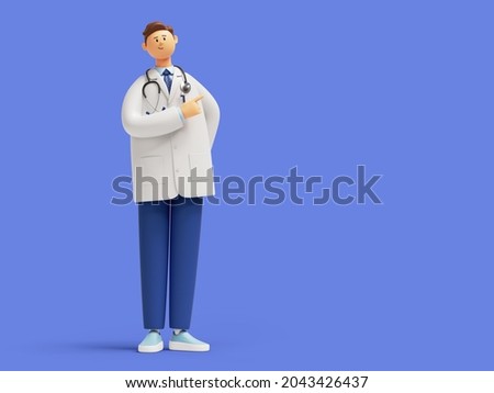 3d render, doctor cartoon character standing. Confident friendly therapist. Medical clip art isolated on blue background