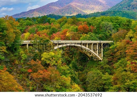 The Ofukazawa bridge spans Naruko Gorge in Miyagi offering autumn views from Narukokyo Resthouse. At the end of the Naruko Gorge the bridge provides an elevated view of Tohoku's stunning fall colors. Royalty-Free Stock Photo #2043537692