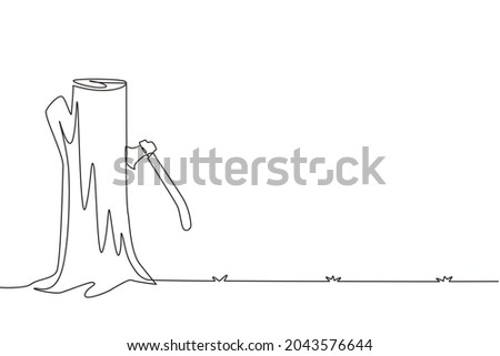 Single continuous line drawing hatchet in beside tree stump. A tree stump with an axe stuck. Forest, camping concept. Axe in stuck at stump. Dynamic one line draw graphic design vector illustration