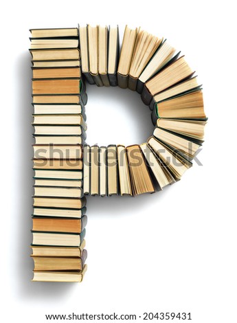 Letter P formed from the page ends of closed vintage hardcover books standing on a white background from a set or series of numbers