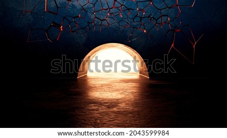 Abstract dark blue background. Magic door in the wall. A bright light shining from the opening. Fantastic portal.3d illustration.