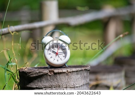 clock on wood table in the green garden time at 10 time