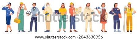 Woman occupations and professions isolated people set. Vector road worker, astronaut and programmer. Driver and ambulance doctor. Pilot, engineer, repairman and waiter, laboratory assistant scientist Royalty-Free Stock Photo #2043630956