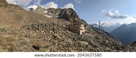 Panorama picture SAC Domhuette, Dom Hut, beautiful views of the valais mountains and the matterhorn. Hiking, Switzerland