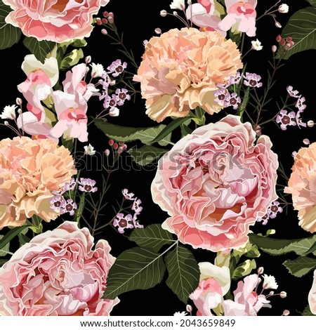 Seamless floral pattern with  pink roses flowers and beige clove on black background. Summer and spring motifs. Trendy floral texture.