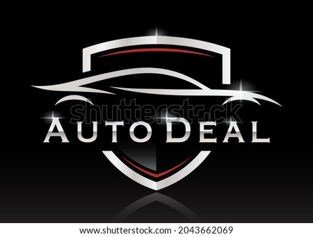 Sports car silhouette shield logo. Performance supercar motor vehicle dealership sign. Auto deal garage badge icon. Vector illustration. Royalty-Free Stock Photo #2043662069