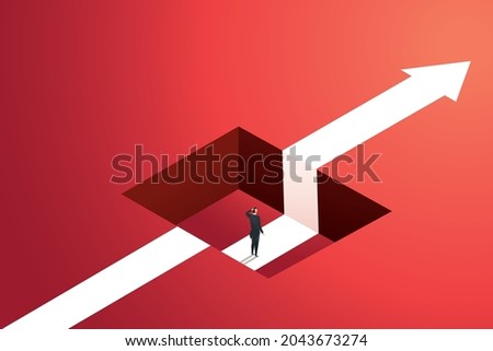 Businessman in a hole on the way to goal. Crisis concept, obstacle, business path failure. isometric vector illustration. Royalty-Free Stock Photo #2043673274