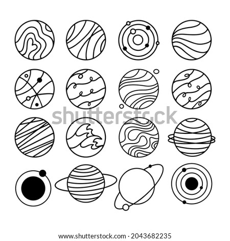 Set of planets flat icons. Logo, pictogram, sign, symbol of space. Universe, galaxy concept. Vector hand drawn stock illustration. Outline