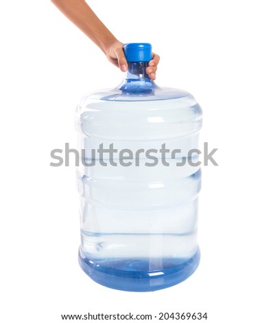 Girl hands with a large mineral water container over white background