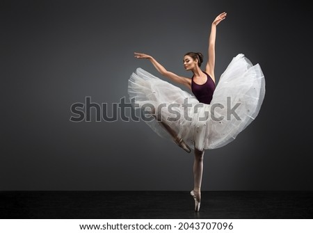 Ballerina. Young graceful woman ballet dancer, dressed in professional outfit, shoes and white  weightless skirt is demonstrating dancing skill. Beauty of classic ballet. Royalty-Free Stock Photo #2043707096