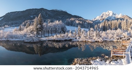 Cold winter morning at the Zelenci lake in Kranjska Gora, Slovenia. Royalty-Free Stock Photo #2043714965