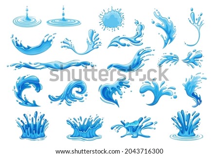 Water drops. Current drops, waves, tears and spray. Splashes or spill water elements, isolated vector illustration.