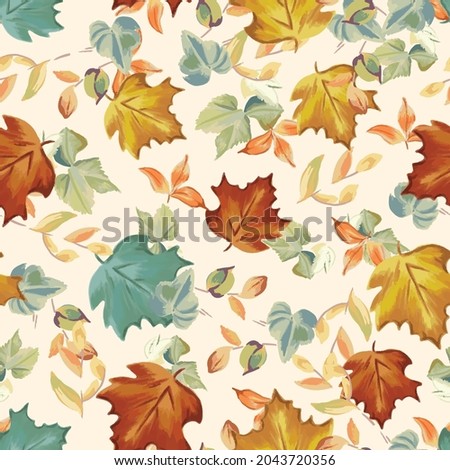 Fall seamless pattern with maple leaves on cream background, Autumn pattern with ditsy, foliage, watercolor wrapping paper, pattern fills, Thanksgiving, web page background.
