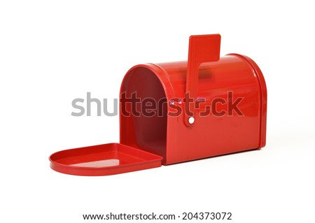 Red metal mailbox on a white background.