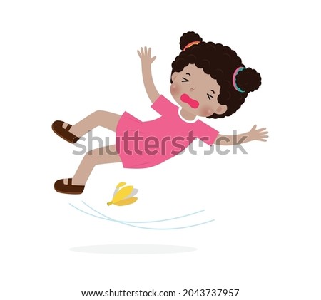 american african children slipping on a banana peel vector illustration isolated on white background