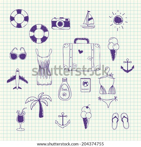 Set of vector elements for design on summer vacation or travel theme in the style of hand drawn paint in the notebook and paper seamless pattern