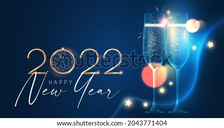 Happy 2022 New Year Elegant Christmas congratulation with 3D realistic gold metal text and champagne glasses