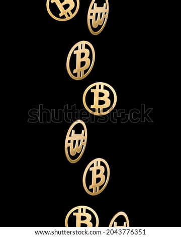 Gold bitcoins falling against black background. Wallpaper of cryptocurrency bitcoin. Seamless pattern of bitcoin. Abstract 3D illustration ad Background. Mining or blockchain technology concept.